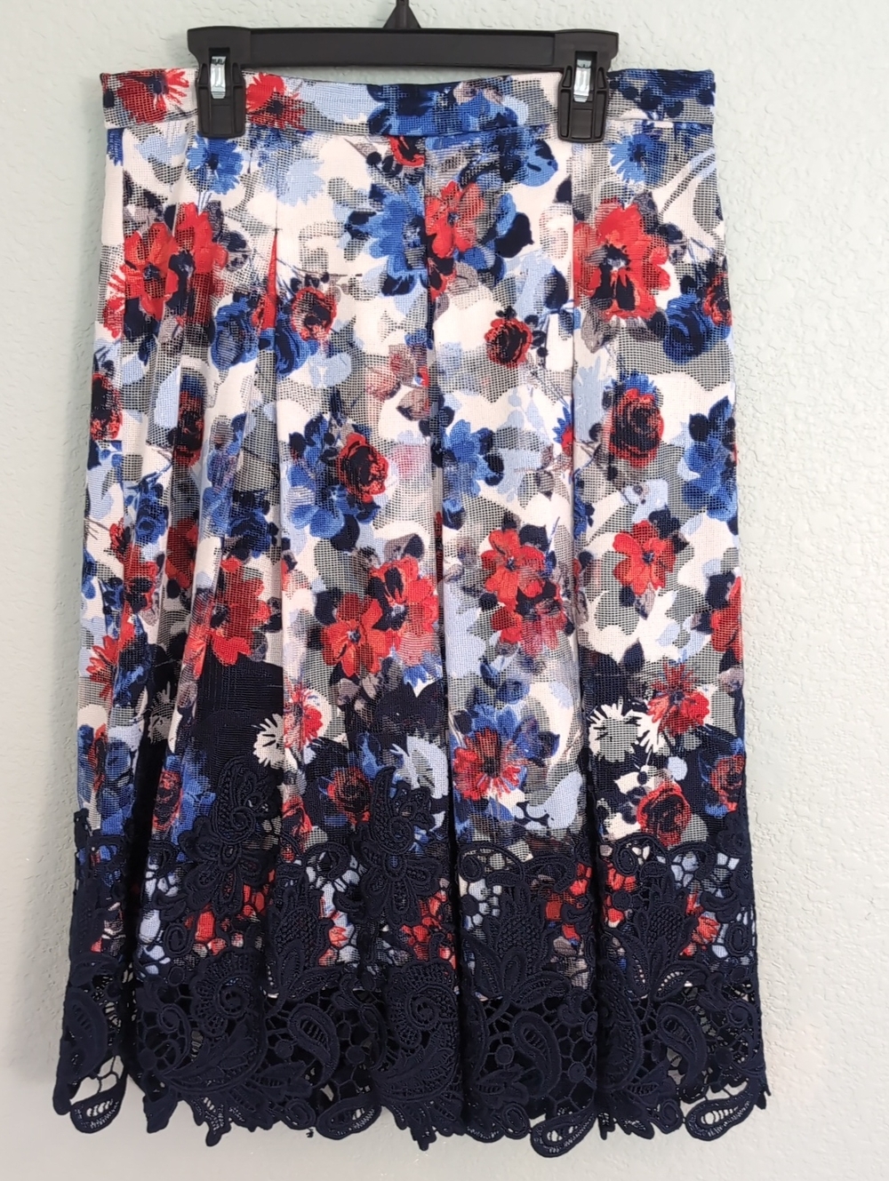 ANTONIO MELANI Red, Blue and White Floral Midi Skirt with Navy Lace